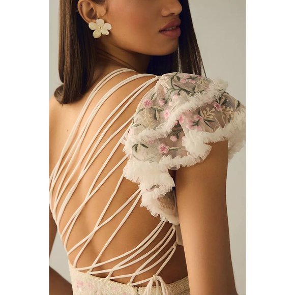 MAC DUGGAL Floral Embroidered Ruffle One-Shoulder Gown in Ivory Size US 6 - Picture 4 of 16